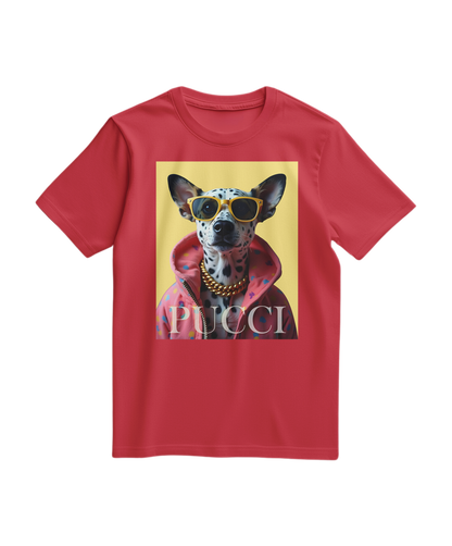 T-shirt vermelha da Camalestore com estampa de dálmata, camiseta de algodão confortável e estilosa com desenho de cão dálmata.