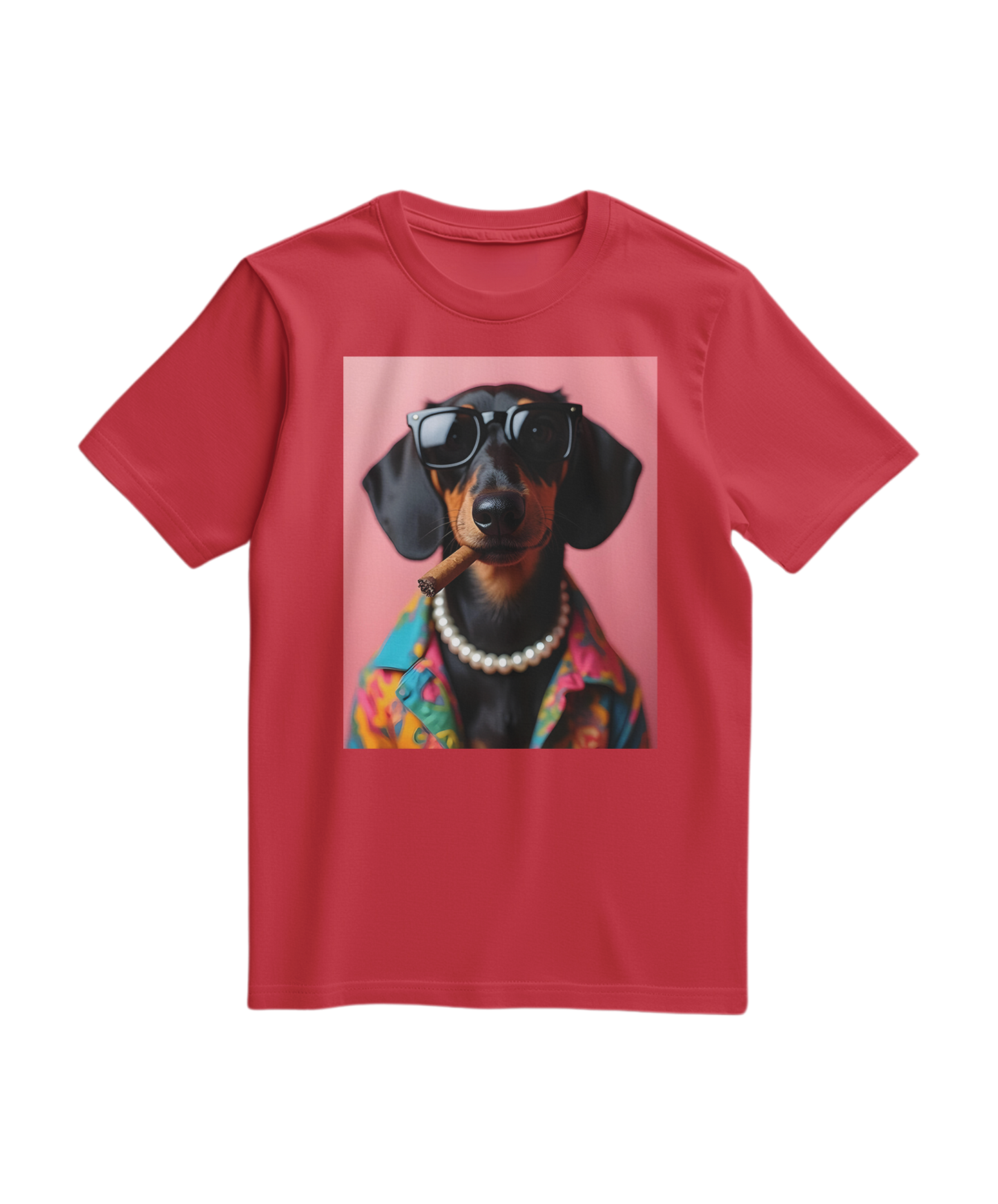 Camiseta vermelha Smoking Dachshund da Camalestore com estampa de dachshund usando smoking, vista frontal.