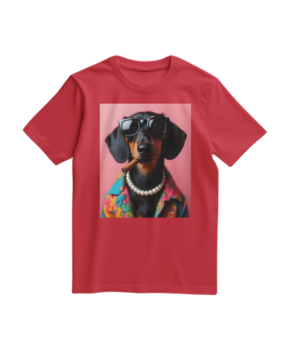 Camiseta vermelha Smoking Dachshund da Camalestore com estampa de dachshund usando smoking, vista frontal.