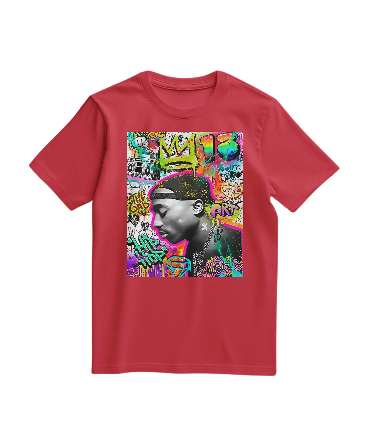 Camalestore camiseta vermelha com estampa de graffiti de uma coroa, tecido de algodão confortável, estilo casual e moderno.