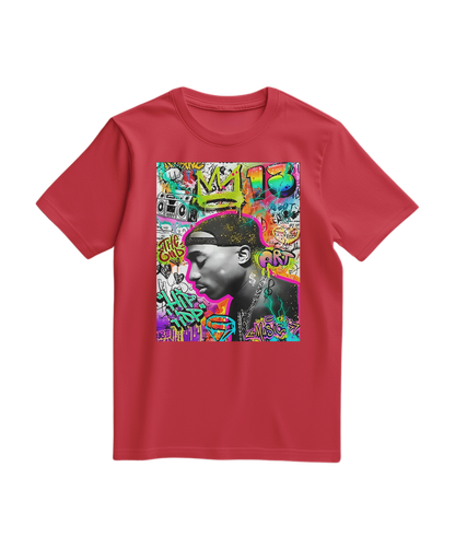 Camalestore camiseta vermelha com estampa de graffiti de uma coroa, tecido de algodão confortável, estilo casual e moderno.