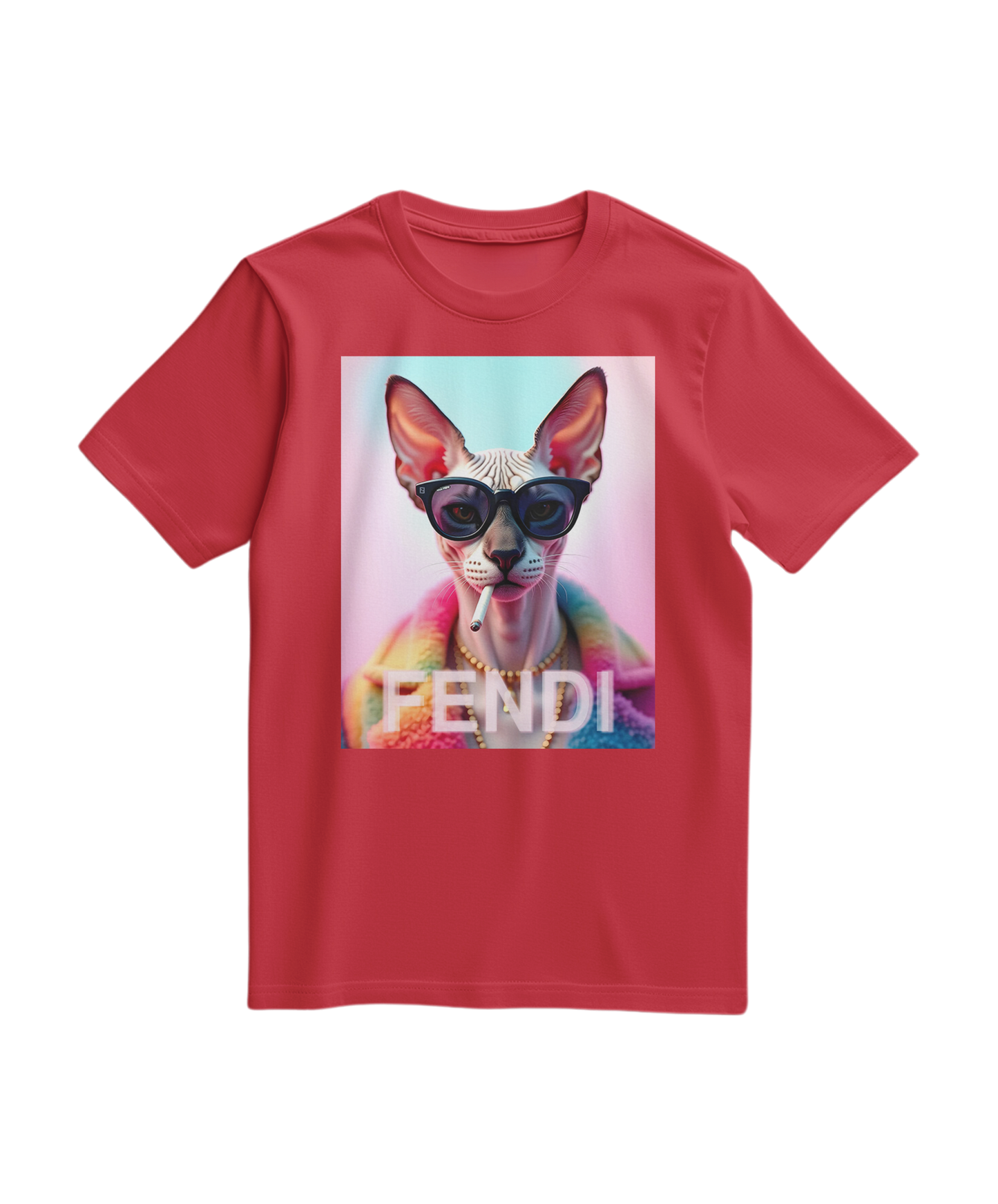Camiseta vermelha Sphynx Prism da Camalestore, com design de gato esfinge, vista frontal sobre fundo branco