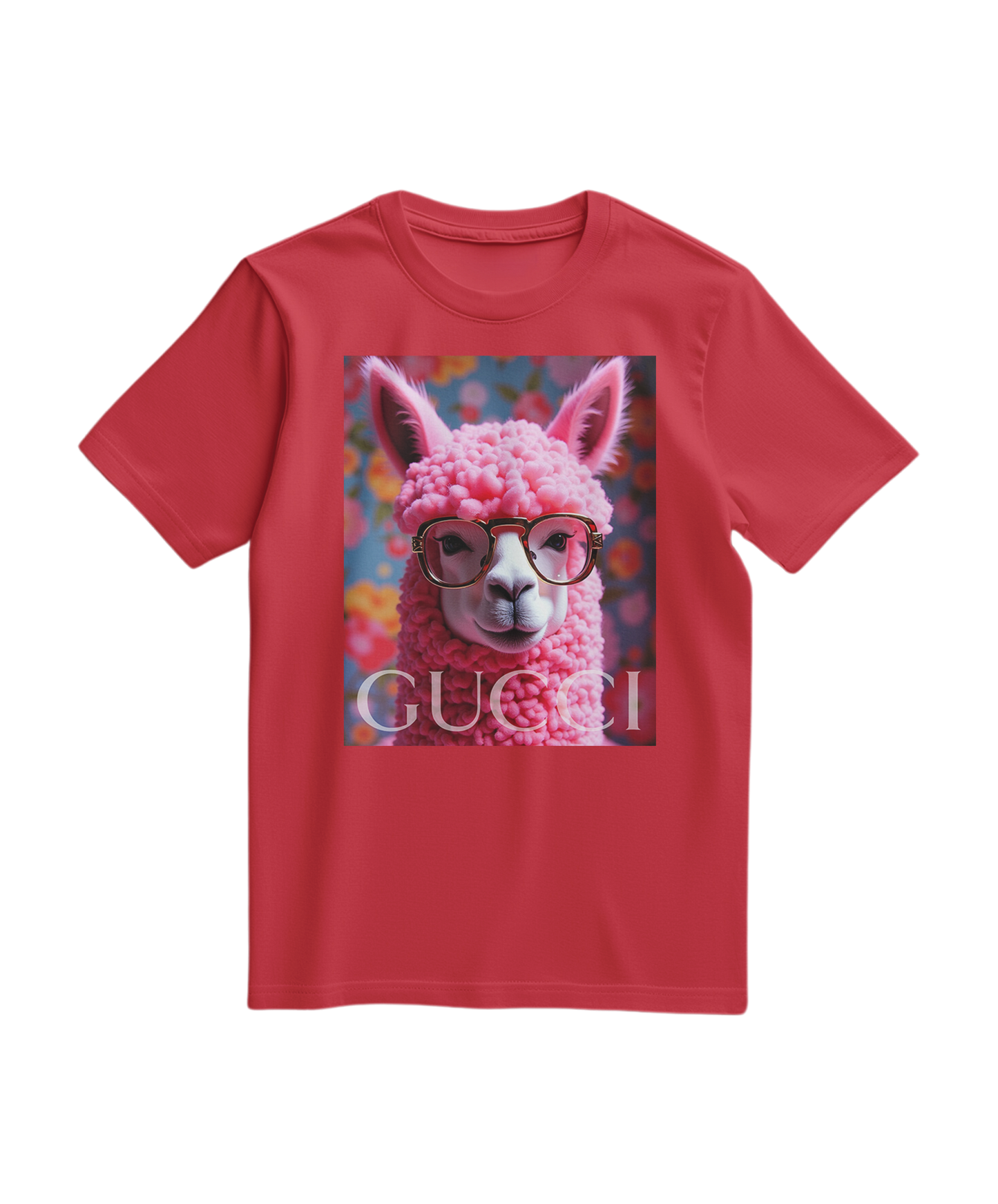 Camalestore T-shirt vermelha com ícone de alpaca, tecido confortável e design casual para uso diário.