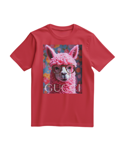 Camalestore T-shirt vermelha com ícone de alpaca, tecido confortável e design casual para uso diário.