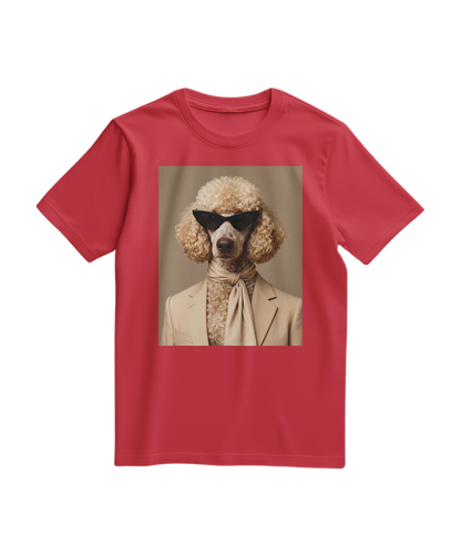Camalestore T-shirt Poodle Tailor vermelha, manga curta, impressão de poodle estilizado na frente, tecido confortável e casual