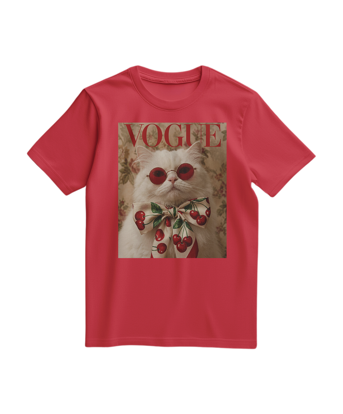 Camiseta vermelha Velvet Cherry da Camalestore, t-shirt de tecido macio com estampa de cereja, vista frontal.