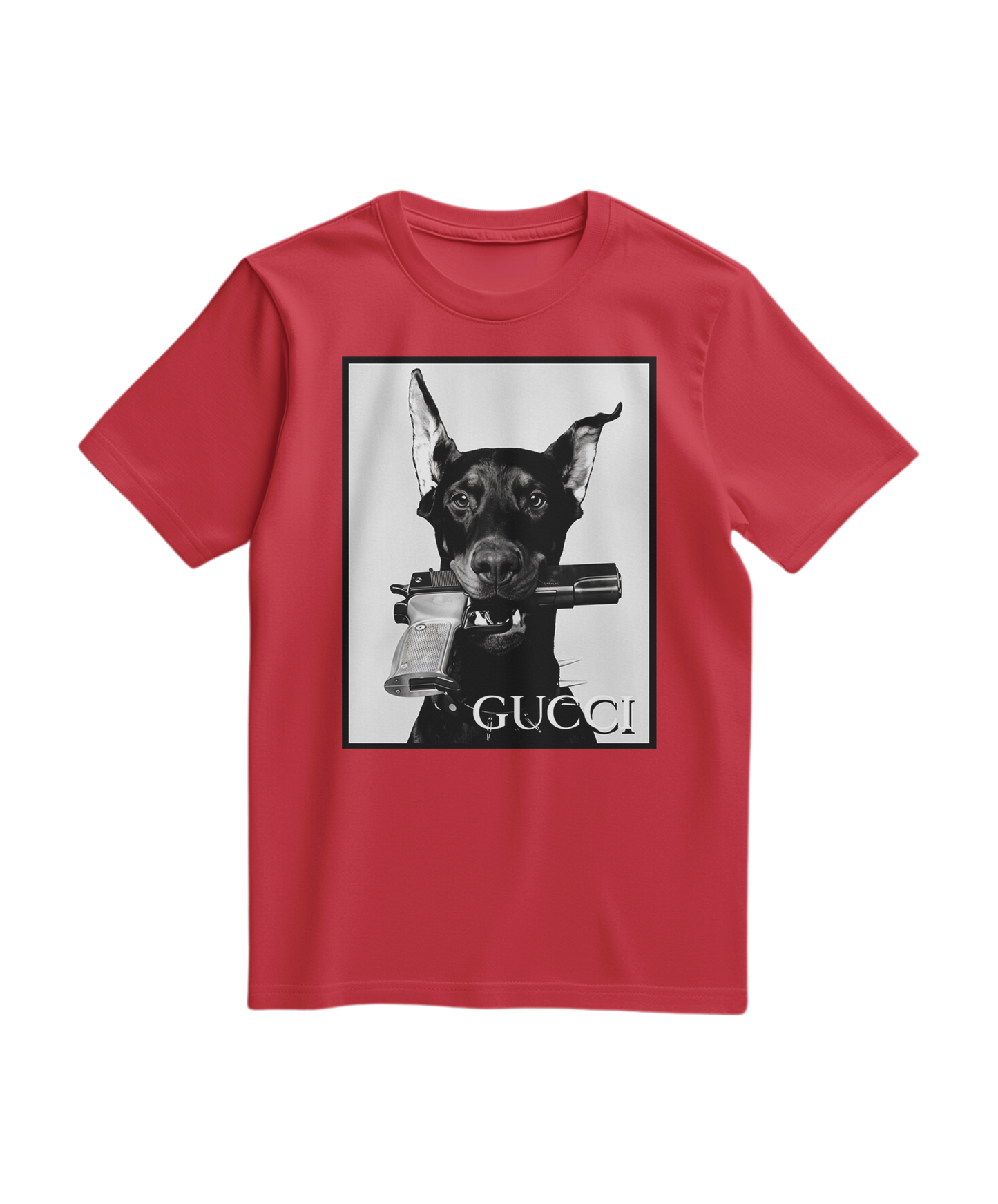 Camiseta vermelha Dog Amunition da Camalestore, com estampa de cachorro e detalhes em destaque na frente.