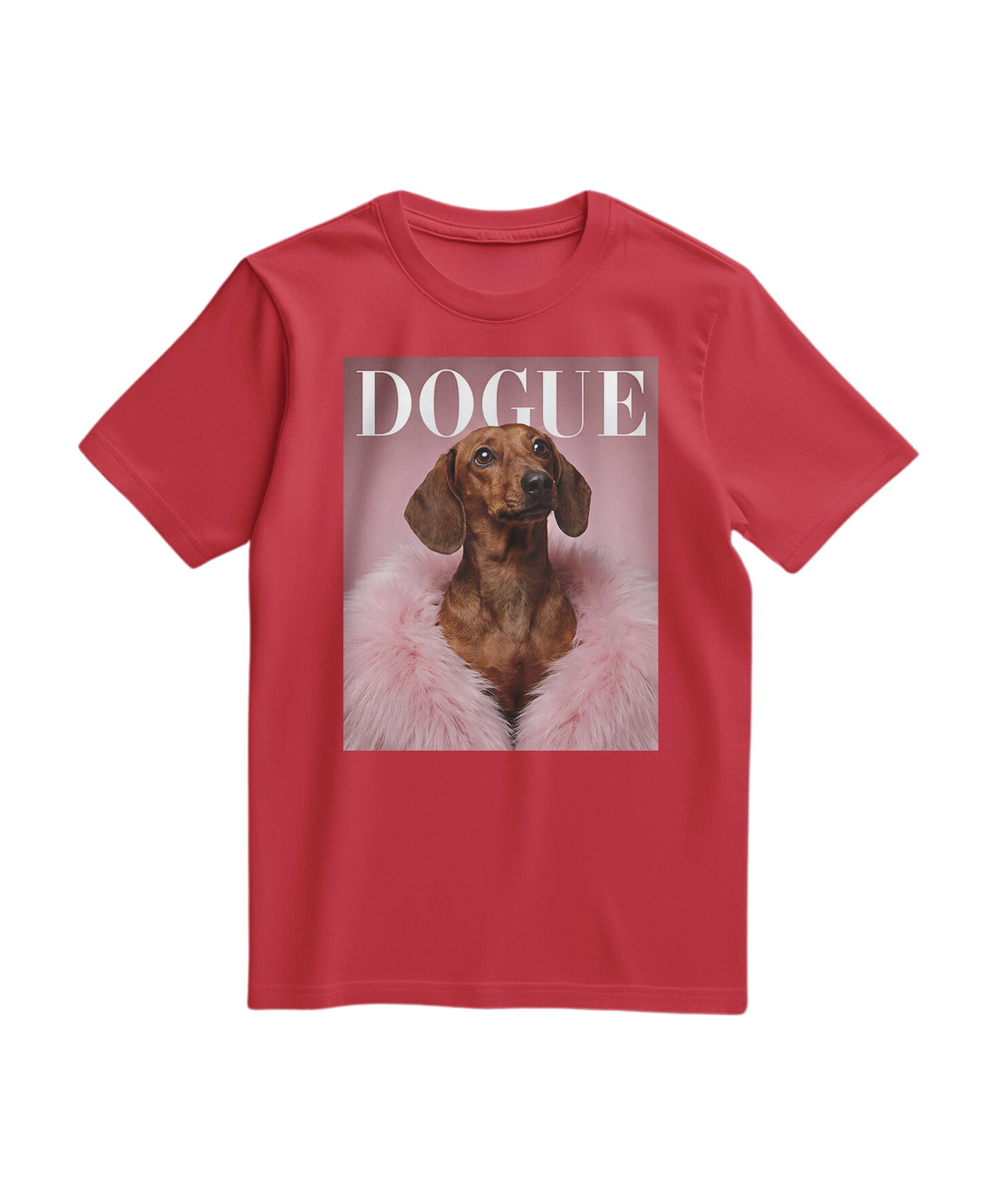 Camiseta vermelha Dachshund Muse da Camalestore, com estampa de cão salsicha, vista frontal sobre fundo branco.