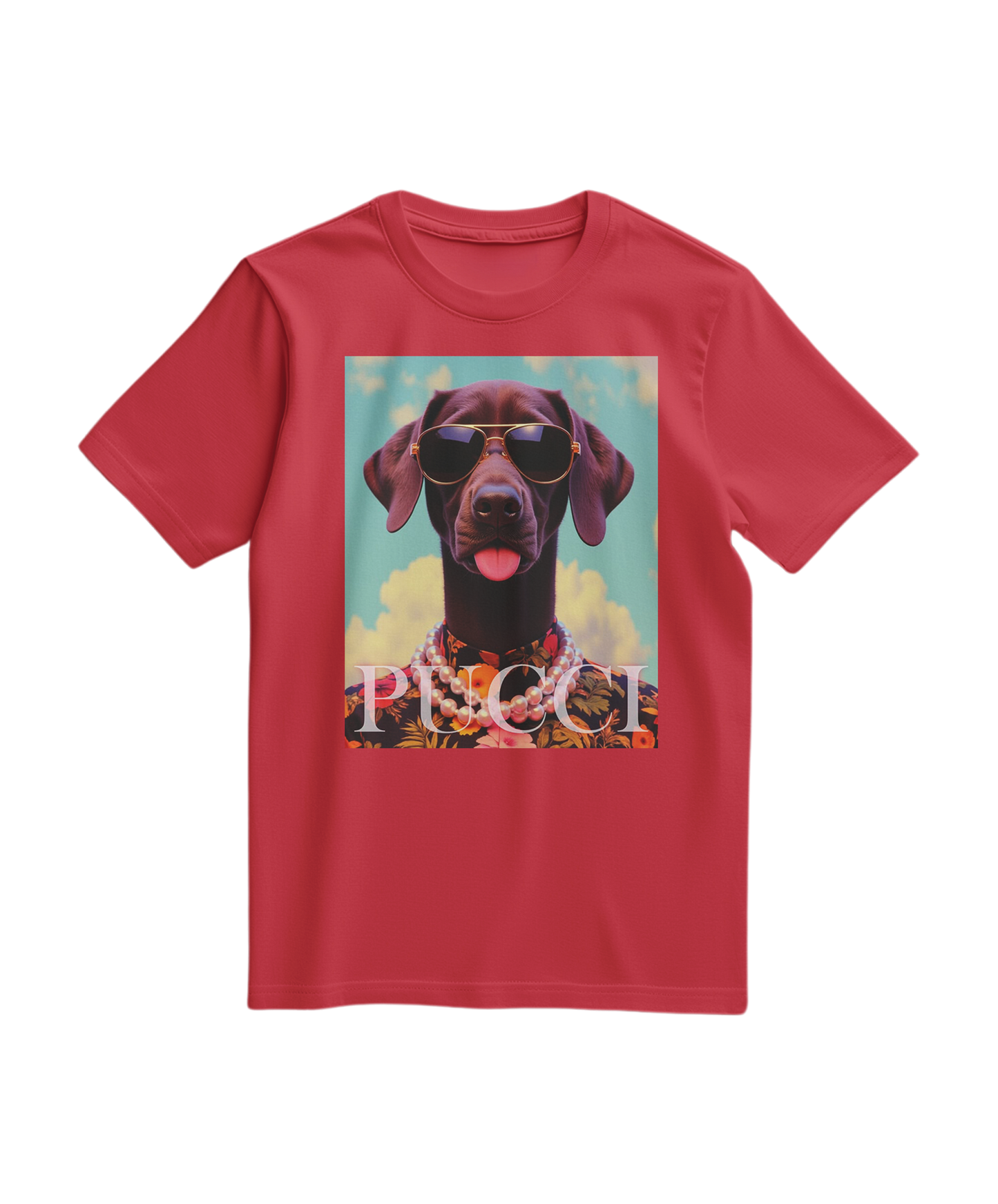 T-shirt vermelha Tropical Pooch da Camalestore com estampado de cão tropical na frente, tecido confortável e ajustado ao corpo.
