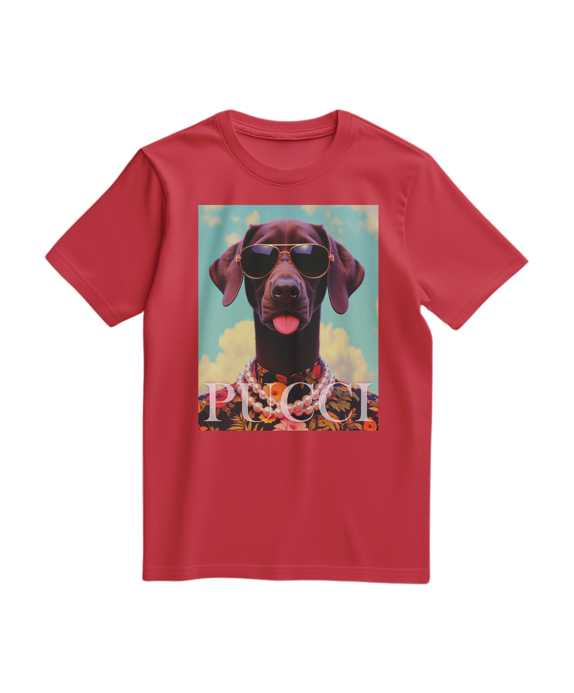 T-shirt vermelha Tropical Pooch da Camalestore com estampado de cão tropical na frente, tecido confortável e ajustado ao corpo.