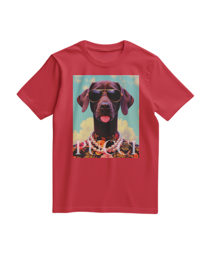 T-shirt vermelha Tropical Pooch da Camalestore com estampado de cão tropical na frente, tecido confortável e ajustado ao corpo.