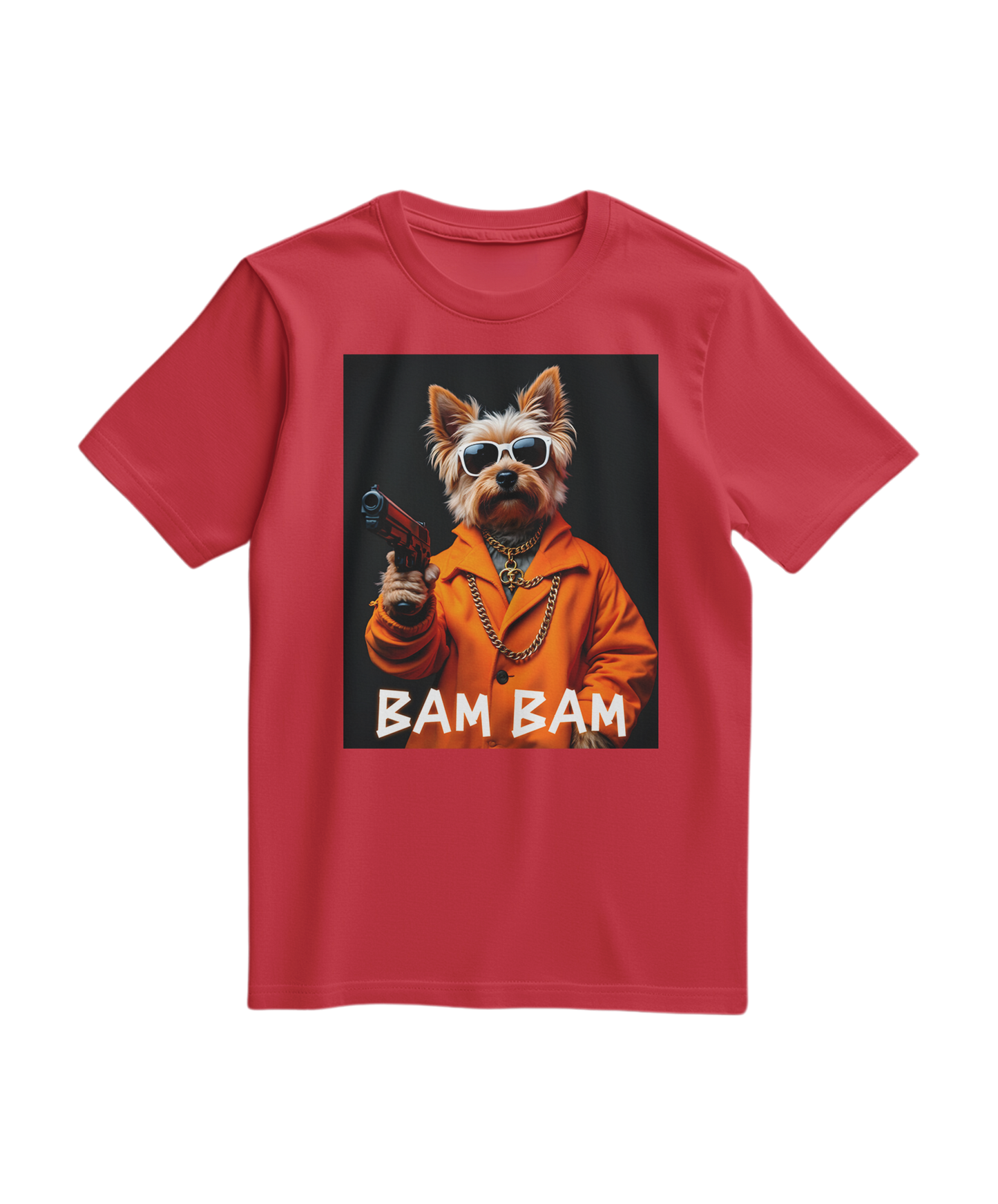 Camiseta vermelha Bam Bam Gangster da Camalestore, exibe estampa gráfica com design de estilo urbano.