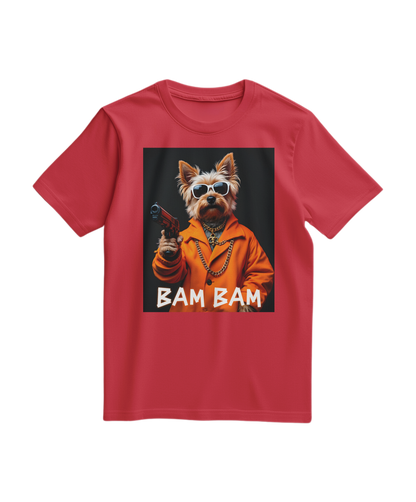 Camiseta vermelha Bam Bam Gangster da Camalestore, exibe estampa gráfica com design de estilo urbano.