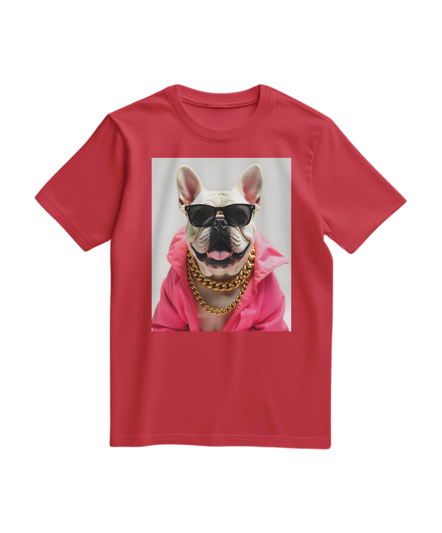 Camiseta Bulldog Azure Pop da Camalestore, T-shirt vermelha com estampa de Bulldog azul, tecido confortável e casual.