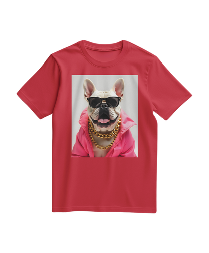 Camiseta Bulldog Azure Pop da Camalestore, T-shirt vermelha com estampa de Bulldog azul, tecido confortável e casual.