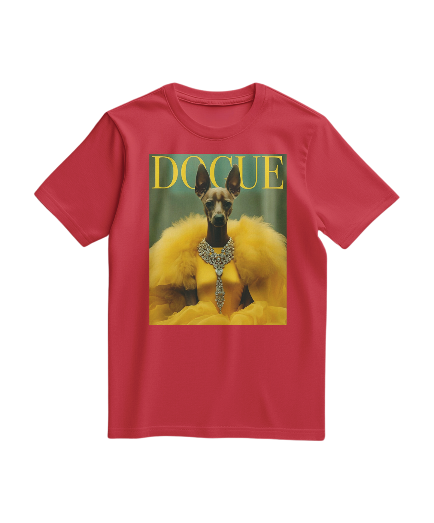 Camiseta vermelha Dogue Majestic da Camalestore, vista frontal com design de cachorro retratado.