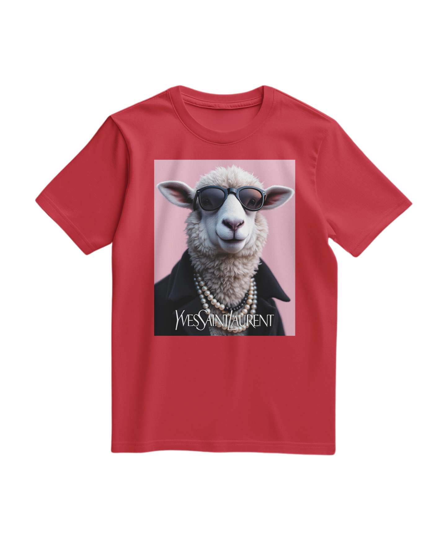 Camiseta vermelha da Camalestore com ícone de ovelha de pérola, modelo casual e confortável.