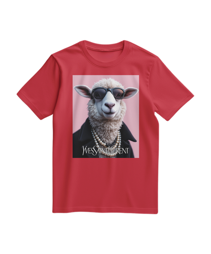 Camiseta vermelha da Camalestore com ícone de ovelha de pérola, modelo casual e confortável.