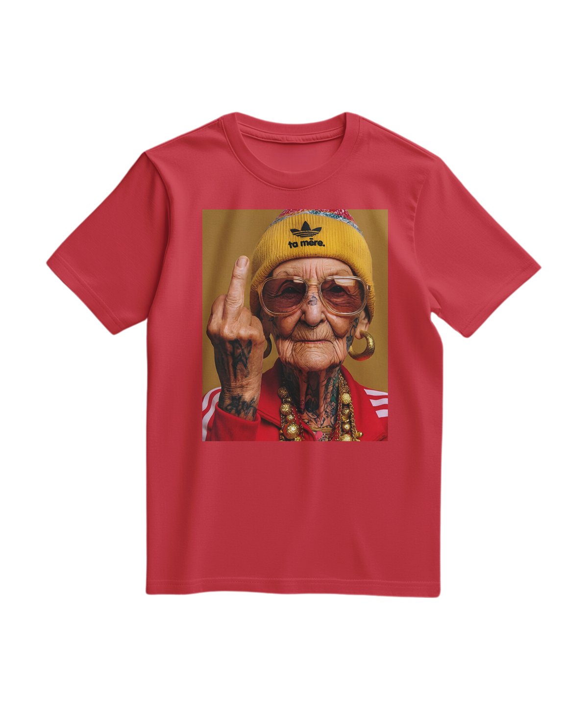 Camalestore T-shirt vermelha Ta Mère com estampa gráfica, tecido de algodão, modelagem casual, em fundo branco.