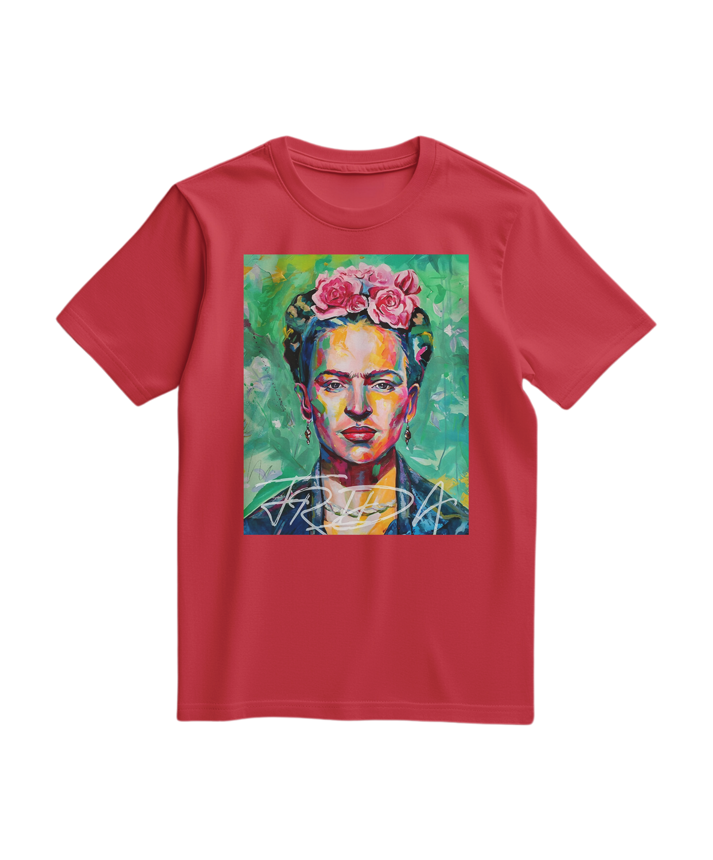 Camiseta Kahlo Chromatic vermelha, estilo casual, com estampa artística, feita pela marca Camalestore.