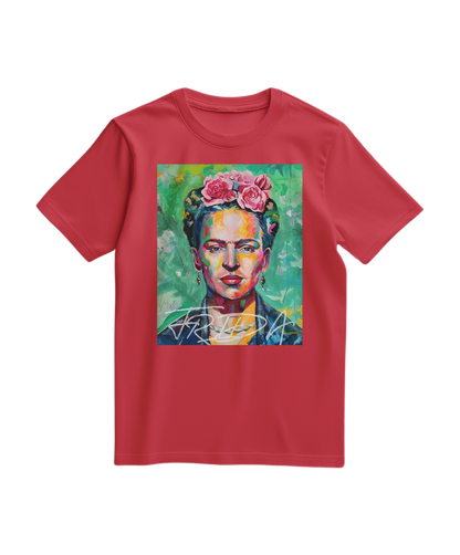 Camiseta Kahlo Chromatic vermelha, estilo casual, com estampa artística, feita pela marca Camalestore.