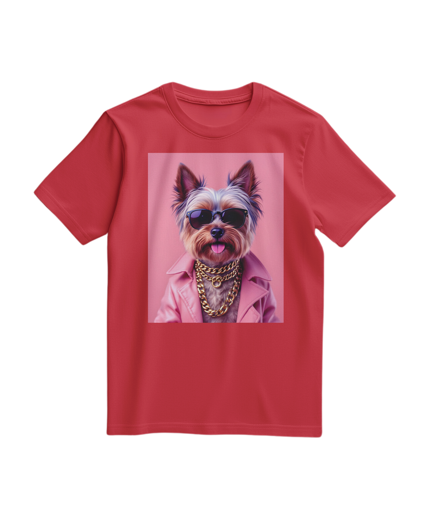 Camiseta vermelha Camalestore com estampa de Yorkie e ícones de rua, t-shirt casual para homens e mulheres.