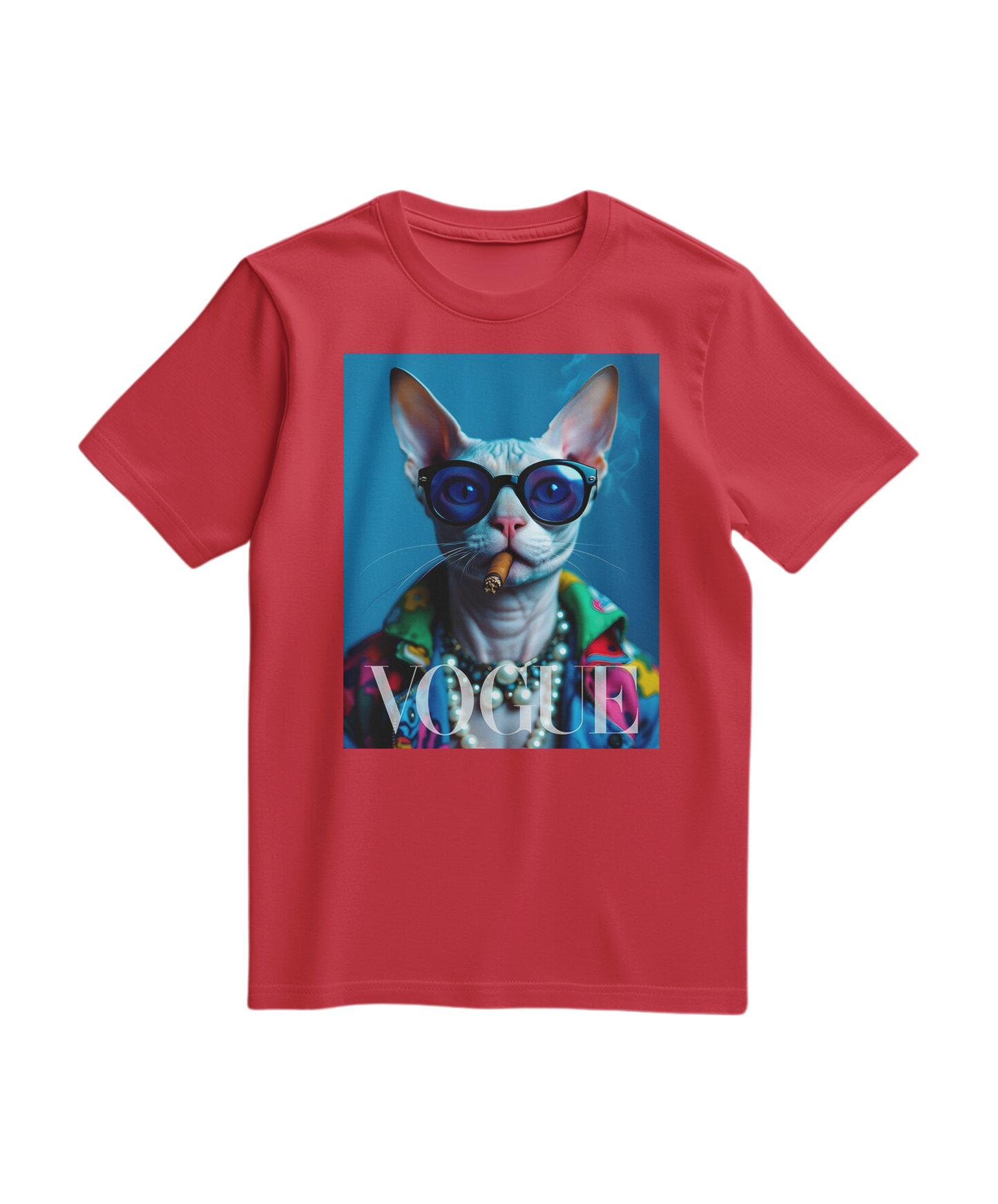 Camiseta vermelha Neo-Sphynx Studio da Camalestore, com design gráfico na frente, feita de tecido confortável e de alta qualidade.