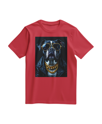 T-shirt vermelha Golden Rocker da Camalestore com logo dourado na frente, tecido confortável e design casual.