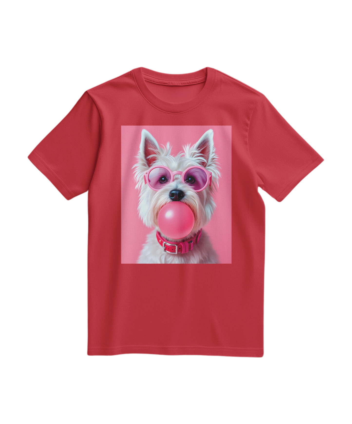 Camalestore T-shirt Bubble Terrier vermelho com estampa de cachorro, tecido confortável e corte casual.