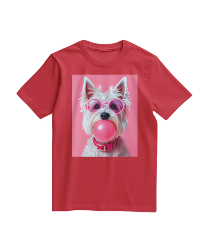 Camalestore T-shirt Bubble Terrier vermelho com estampa de cachorro, tecido confortável e corte casual.