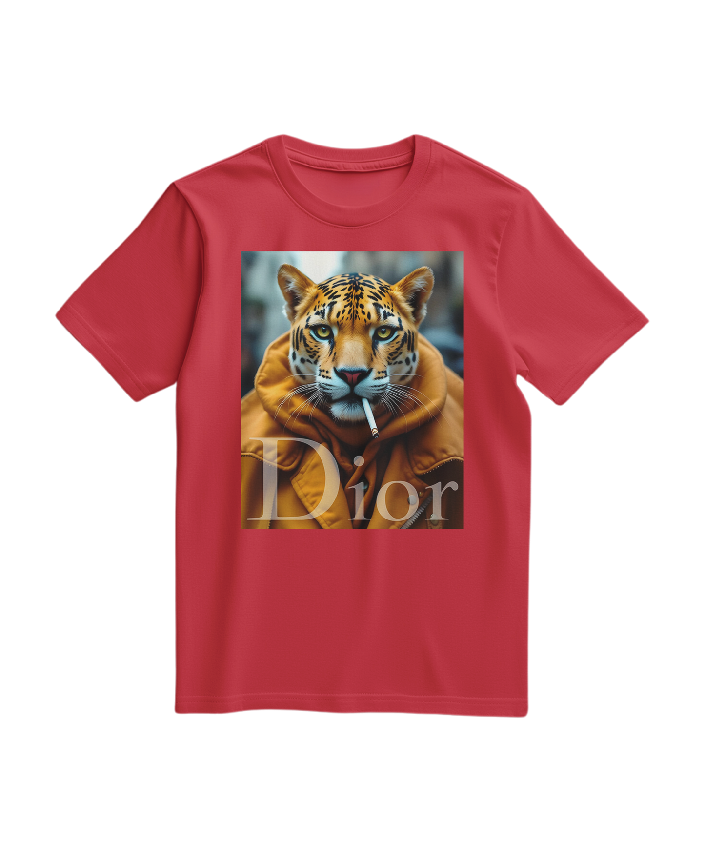 Camiseta vermelha Jaguar Raw da Camalestore, camiseta de algodão com estampa de jaguar em destaque na frente.