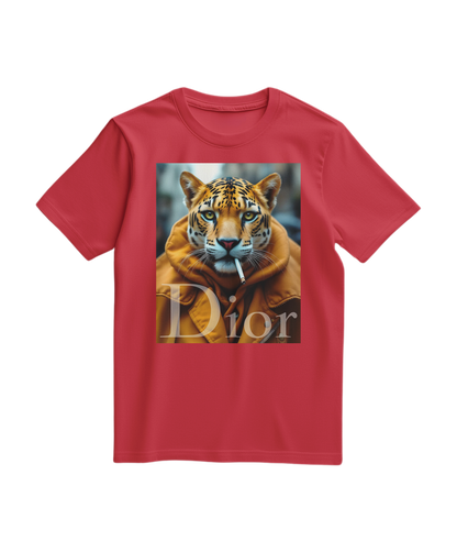 Camiseta vermelha Jaguar Raw da Camalestore, camiseta de algodão com estampa de jaguar em destaque na frente.