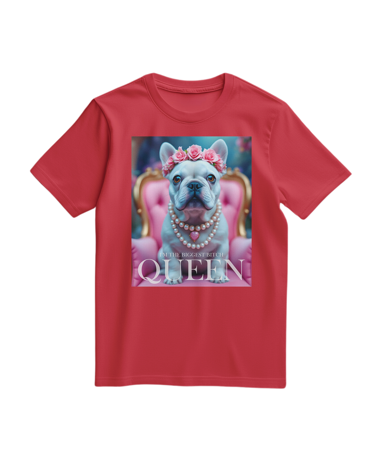 Camiseta vermelha Frenchie Queen da Camalestore, com estampa de cachorro French Bulldog, vista frontal sobre fundo branco.