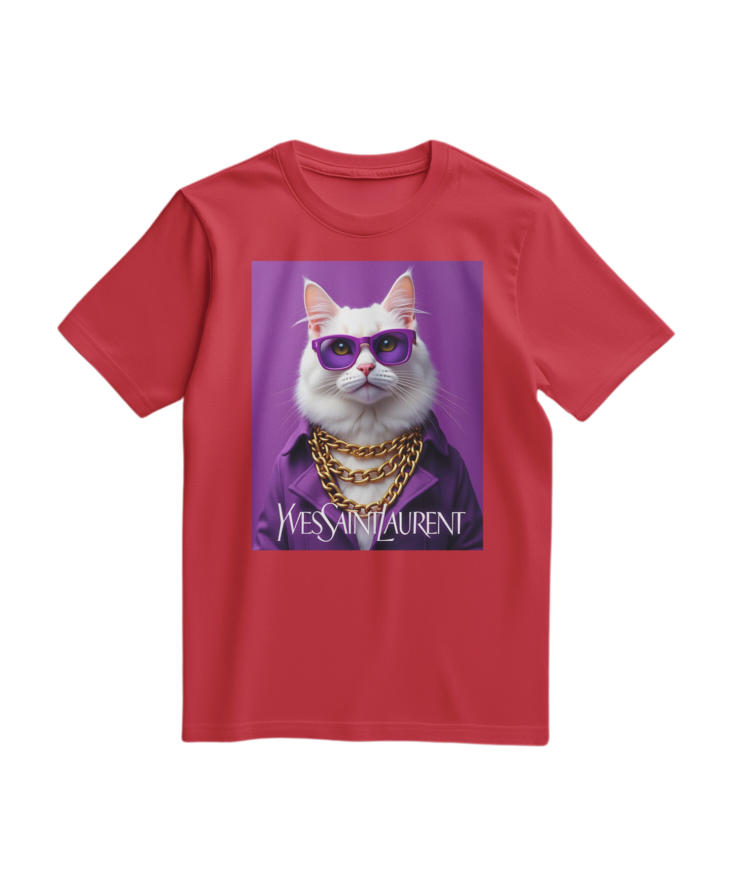 Camiseta vermelha Feline Drip da Camalestore, com design de gotas e felino, vista de frente em fundo branco