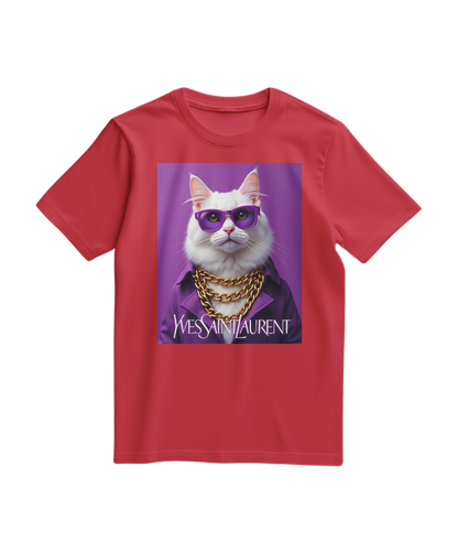 Camiseta vermelha Feline Drip da Camalestore, com design de gotas e felino, vista de frente em fundo branco