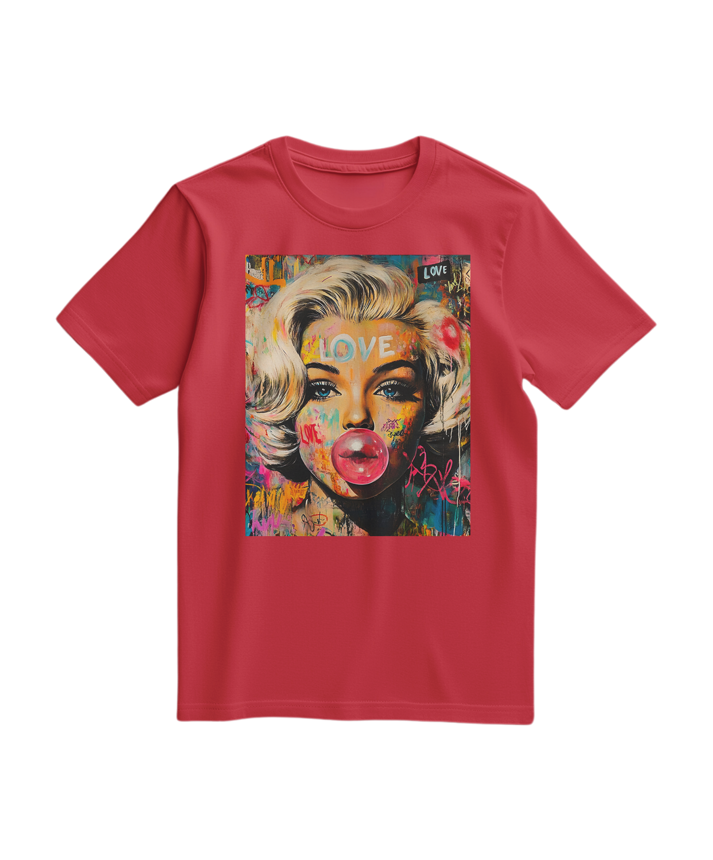 Camiseta vermelha Marilyn Pop Rebel da Camalestore, com estampa artística de Marilyn Monroe em estilo rebelde.