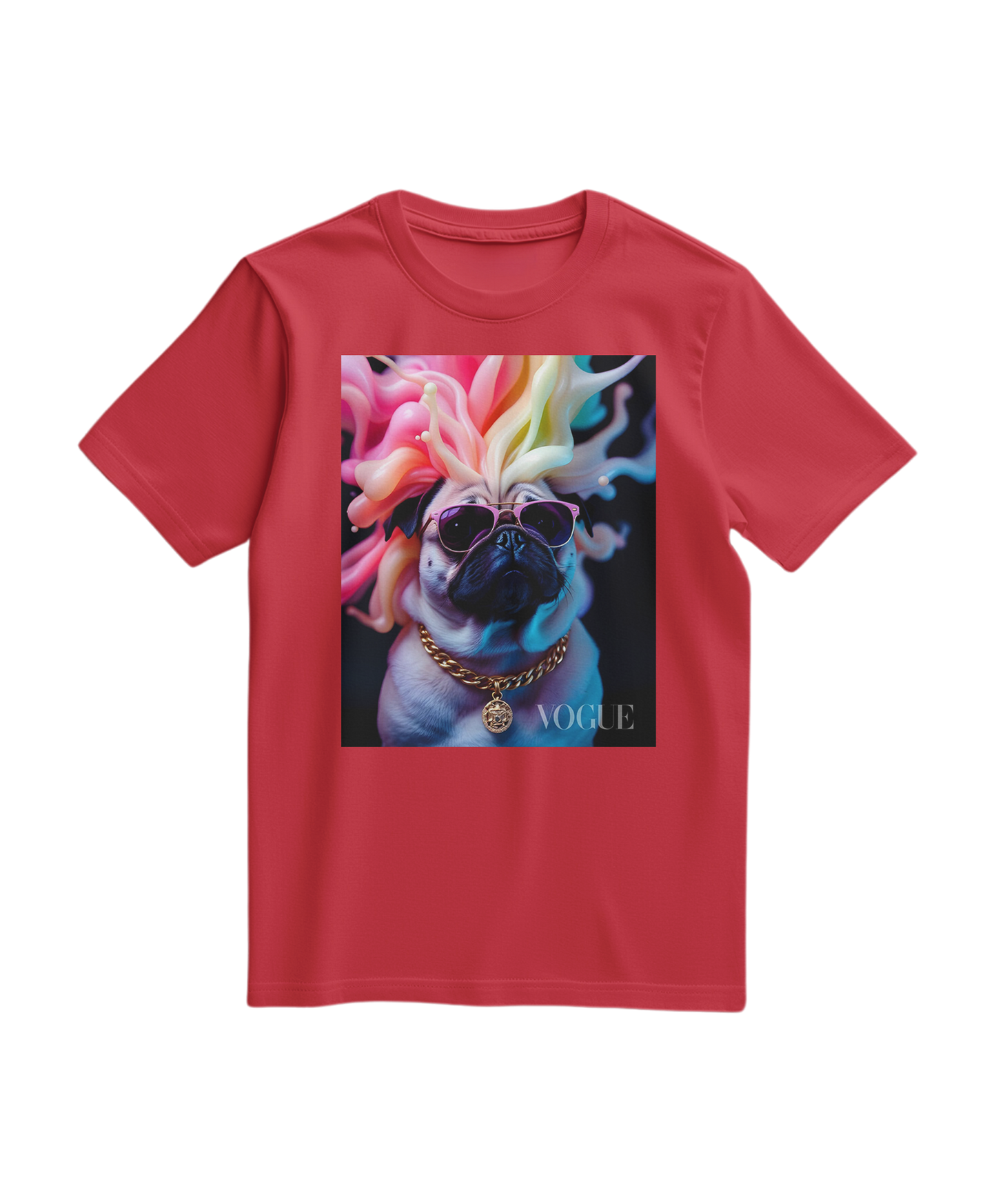 Camiseta vermelha Pug Chromatic Elite da Camalestore, com estampa de pug colorido, vista de frente sobre fundo branco.