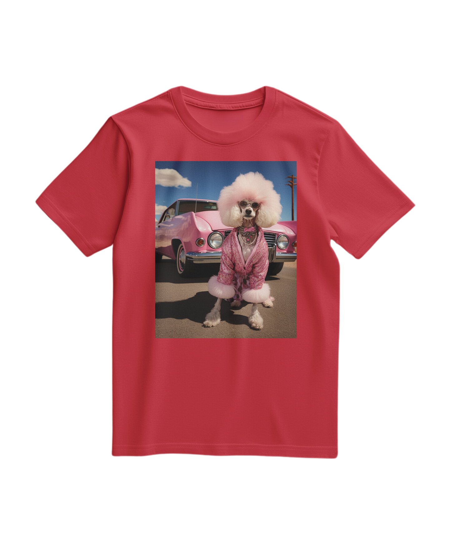 Camiseta vermelha Dream Ride da Camalestore com estampa de desenho de carro vintage, vista frontal.
