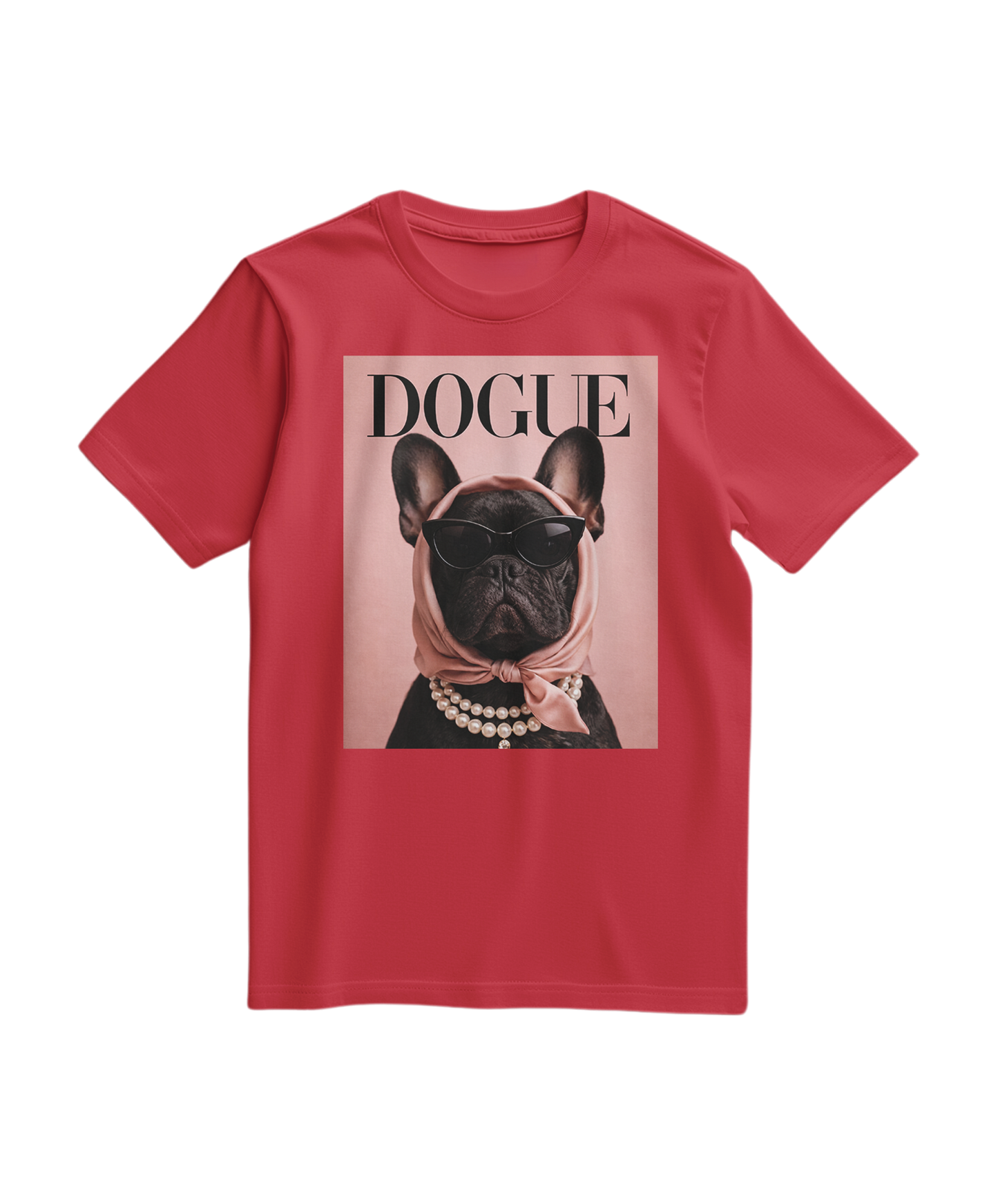 Camiseta vermelha The Frenchie Muse da Camalestore, confortável e com estampa moderna de um Frenchie.