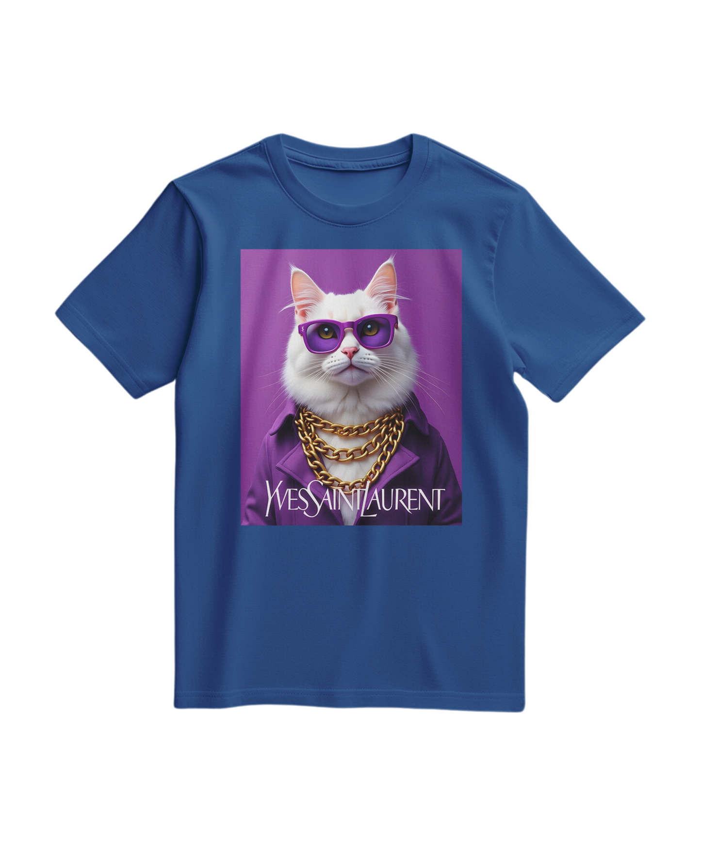 Camalestore T-shirt Glamour Cat azul royal com estampa de gato e detalhes elegantes, tecido confortável e estilo casual.