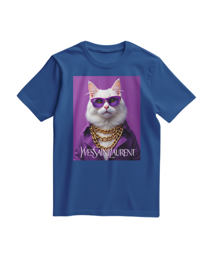 Camalestore T-shirt Glamour Cat azul royal com estampa de gato e detalhes elegantes, tecido confortável e estilo casual.