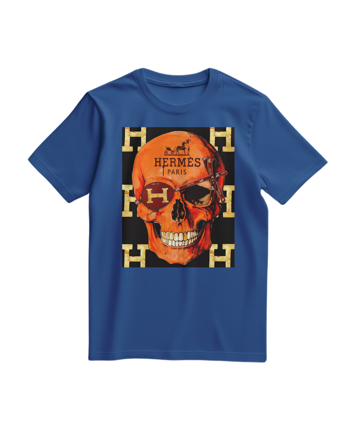 Camiseta azul royal Camalestore com estampa de caveira icônica, estilo casual e moderno, vista frontal.