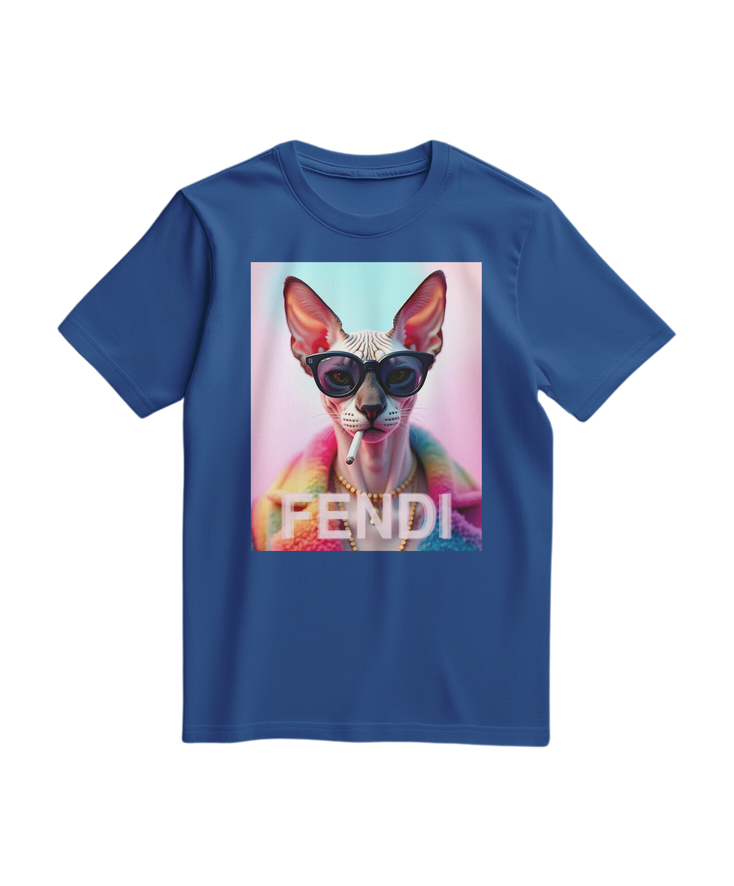 Camiseta azul royal Sphynx Prism da Camalestore, camiseta de algodão com estampa moderna do gato Sphynx em destaque.
