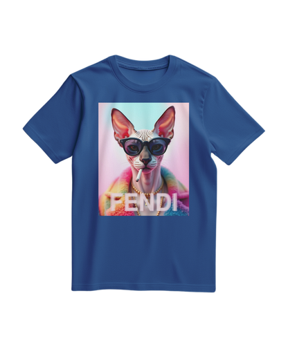 Camiseta azul royal Sphynx Prism da Camalestore, camiseta de algodão com estampa moderna do gato Sphynx em destaque.