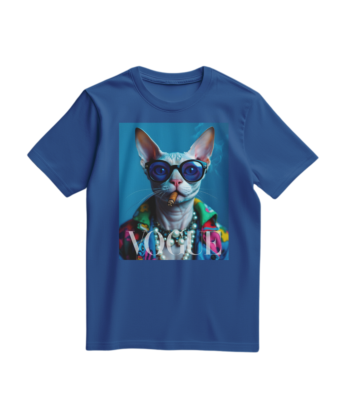 Camiseta Neo-Sphynx Studio azul royal, camiseta de algodão com estampa moderna, em modelo frontal.