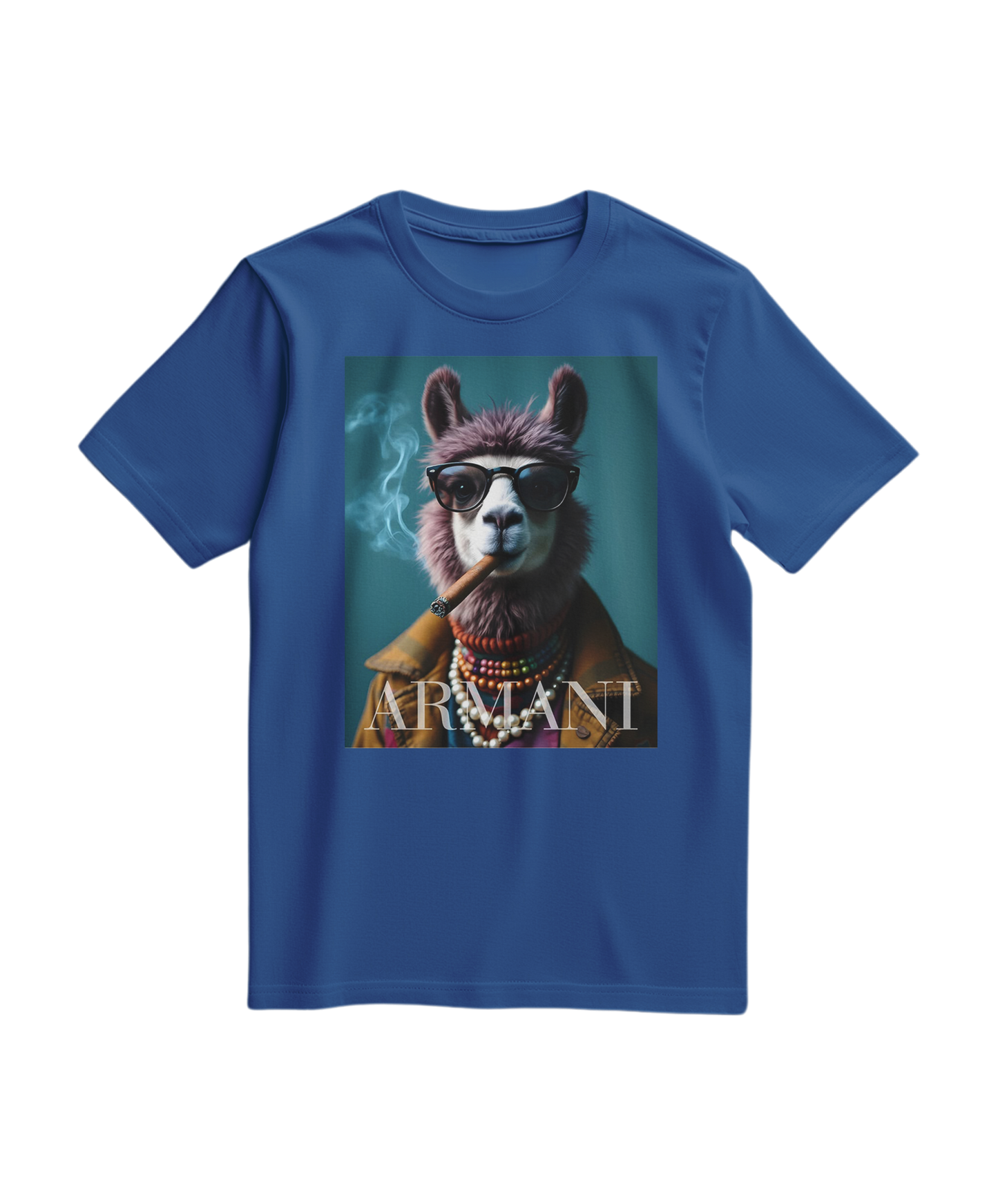 Camiseta azul royal Dapper Llama da Camalestore, com design de lhamas estilizadas e detalhes modernos.
