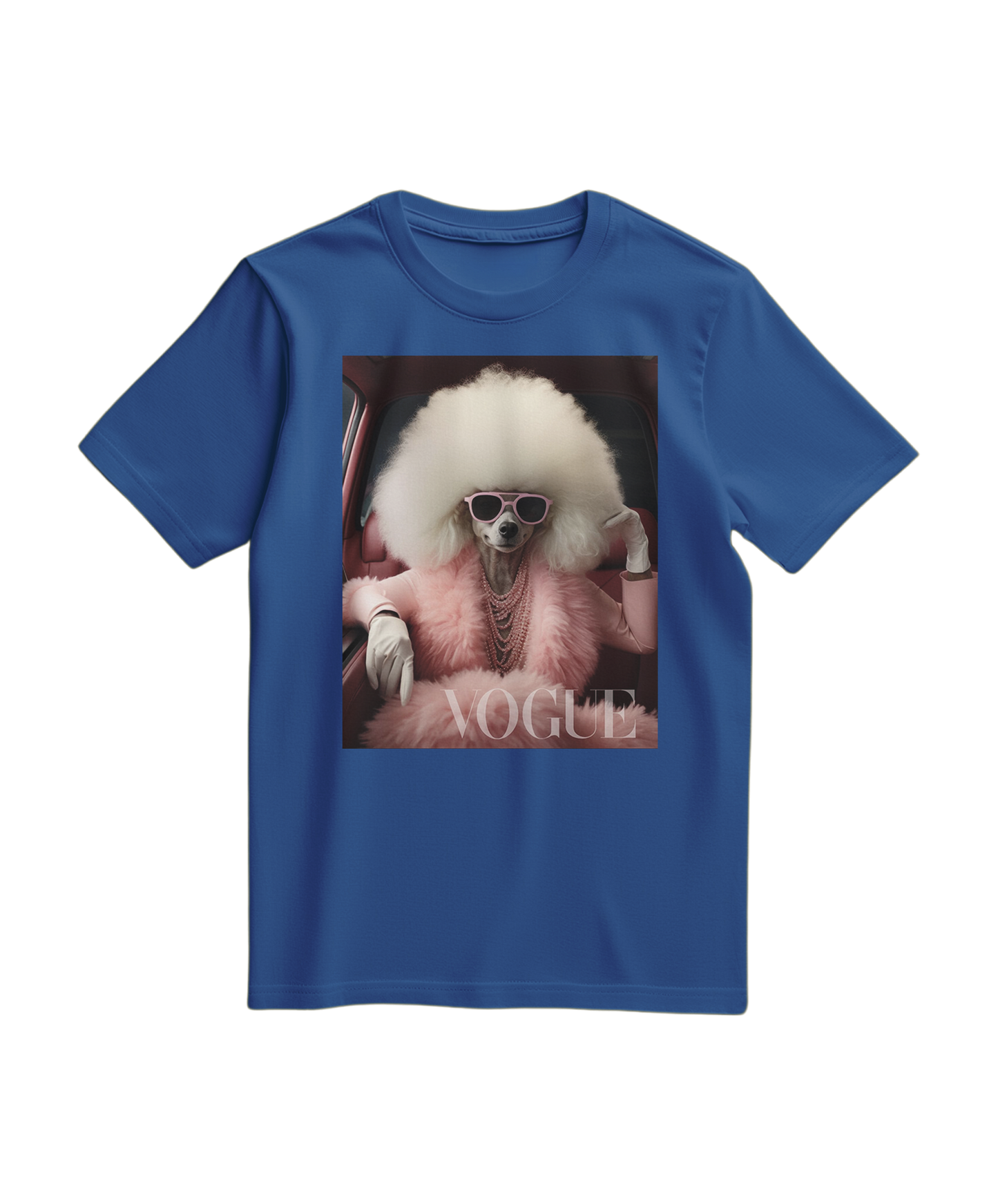 Camiseta azul royal Poodle Glam da Camalestore, estampa de poodle estilizado, veste confortável e moderna para o dia a dia.