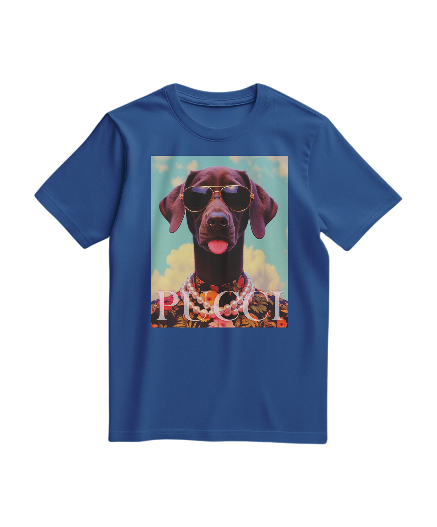 T-shirt Tropical Pooch da Camalestore em azul royal com estampa de cão tropical, moda casual e confortável