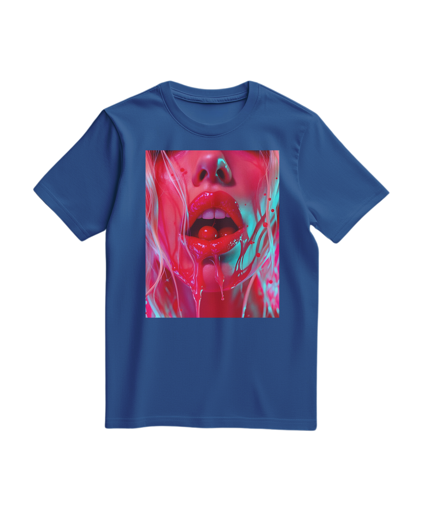 Camiseta azul royal Cherry Glaze da Camalestore, com estampa de cereja, vista frontal com tecido confortável e detalhes visíveis