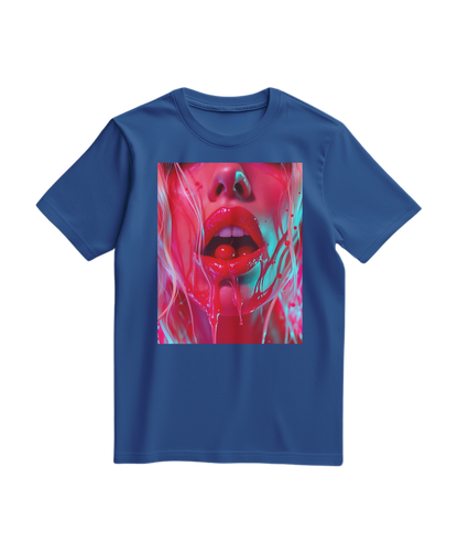 Camiseta azul royal Cherry Glaze da Camalestore, com estampa de cereja, vista frontal com tecido confortável e detalhes visíveis